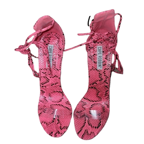Miss Lola Shoes - Pink Snake Print Strappy Wedges